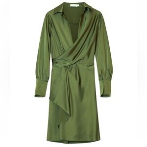 🛍️SIMKHAI Talita Draped Long Sleeve Faux Wrap Dress Olive green L (10/12) NWOT